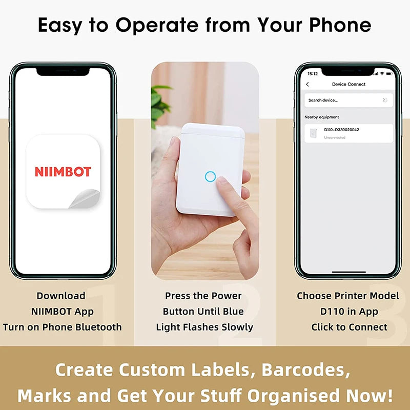 Mini imprimantă portabilă Niimbot D110 pentru imprimantă mobilă de etichete adezive termice pentru autocolante, aparat de etichetare de buzunar fără fir
